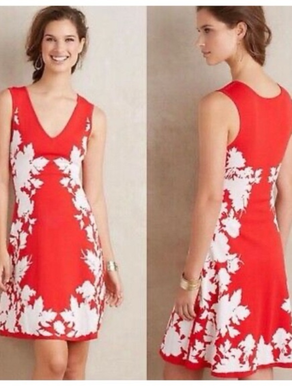 Anthropologie NWT Yoana Baraschi Red & White Floral V-Neck Fit-and-Flare Dress